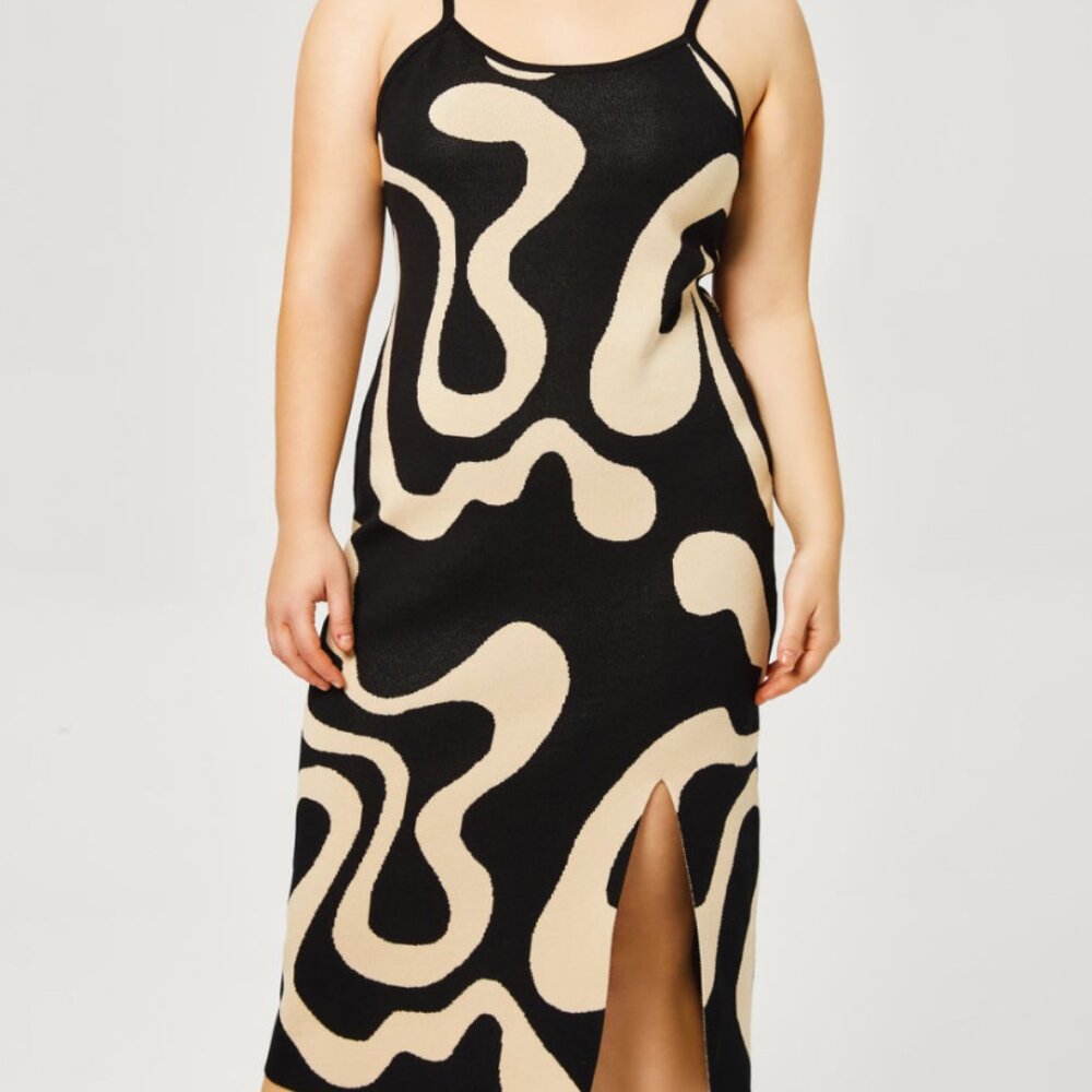 Knit Jersey U-neckline Contrasting Split Midi Dress Curve & Plus